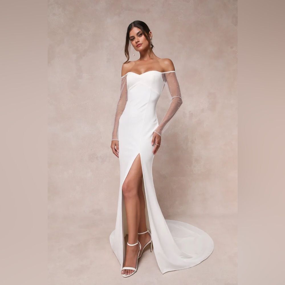 Lulus Eternally Beloved White Mesh Off-the-Shoulder Pearl Maxi Dress